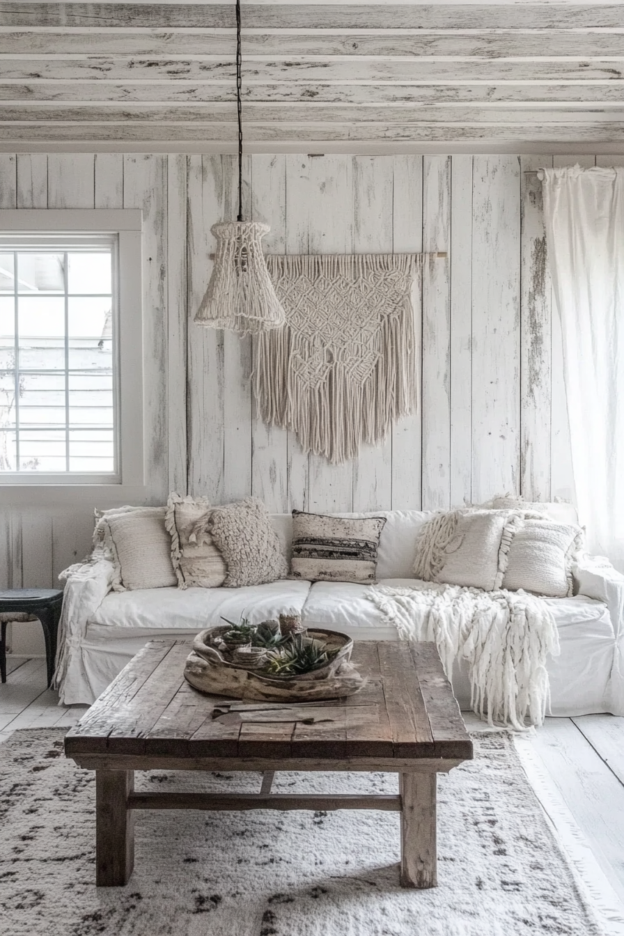 Boho-farmhouse living space. Whitewashed wood panels with macrame wall decors.