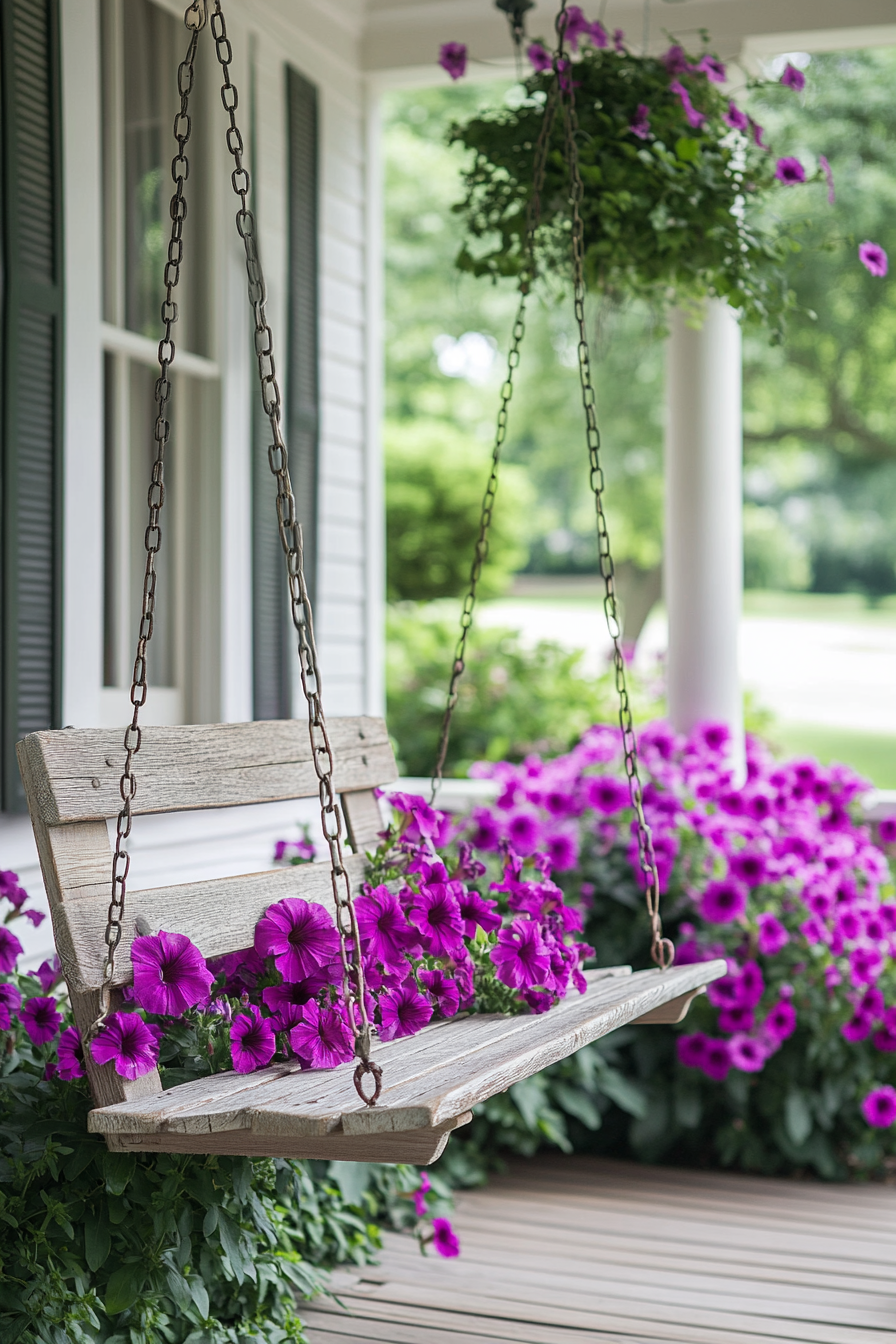 Front porch design. Wooden swing and cascading fuchsia petunias.