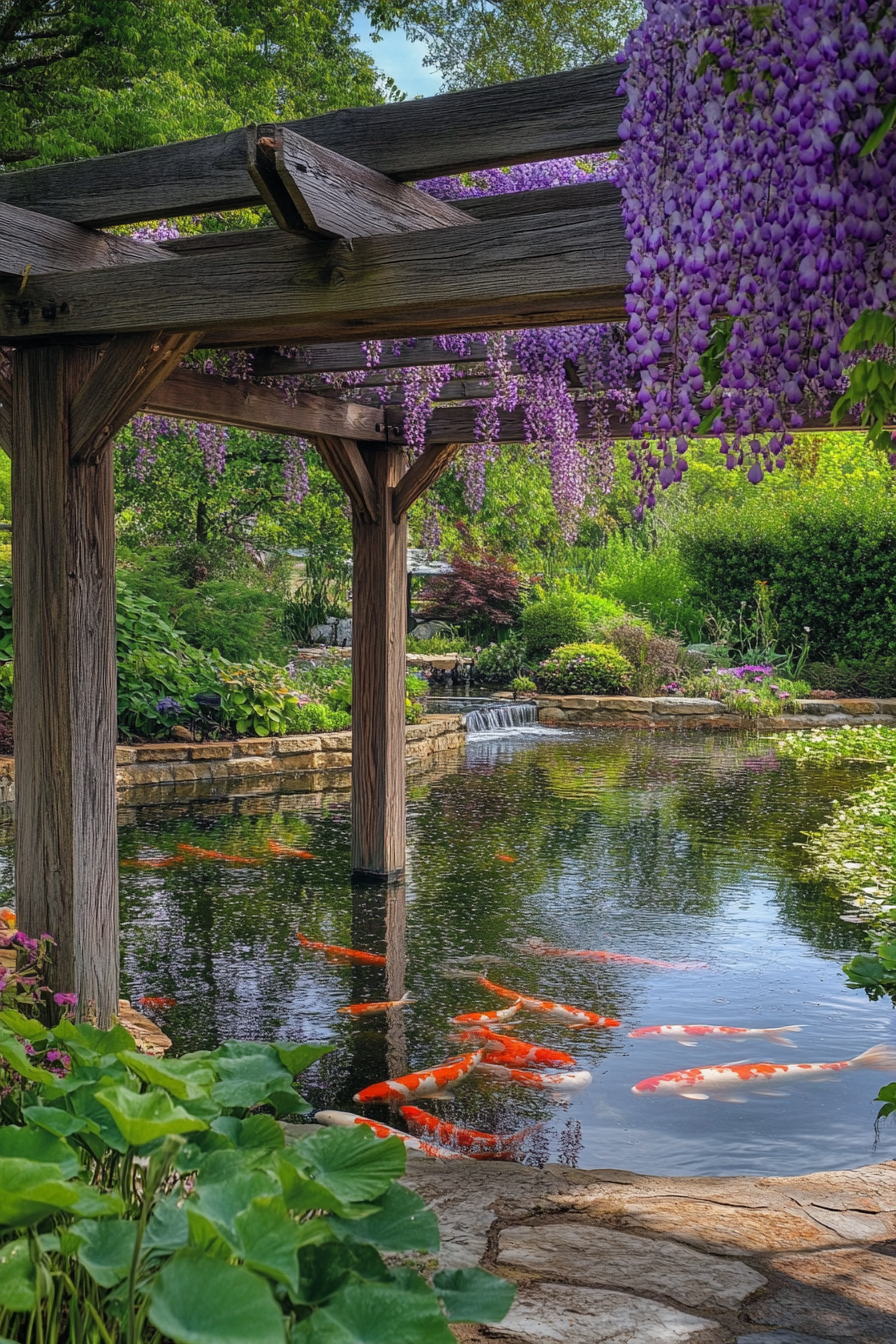 Backyard Garden Retreat. Wooden pergola entwined with vibrant wisteria overlooking a peaceful Koi pond.