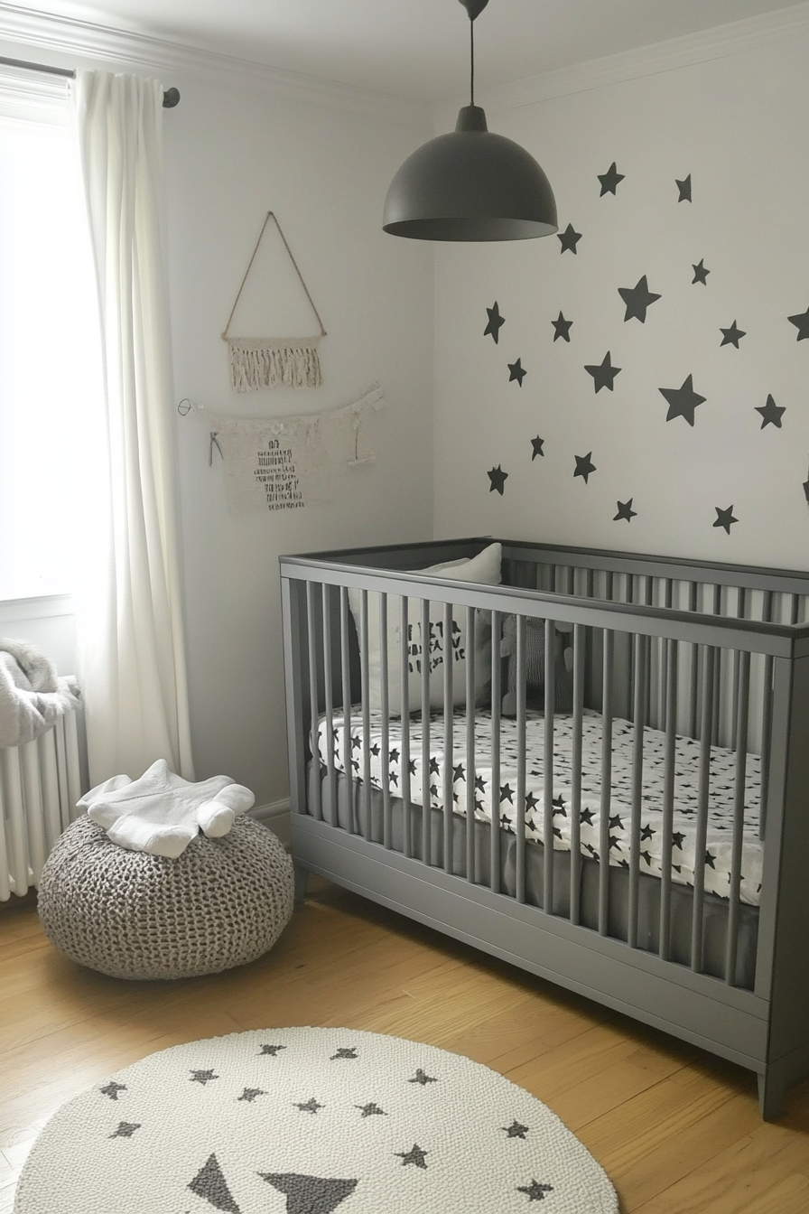 Contemporary baby room. Grey crib with star patterned bedding.