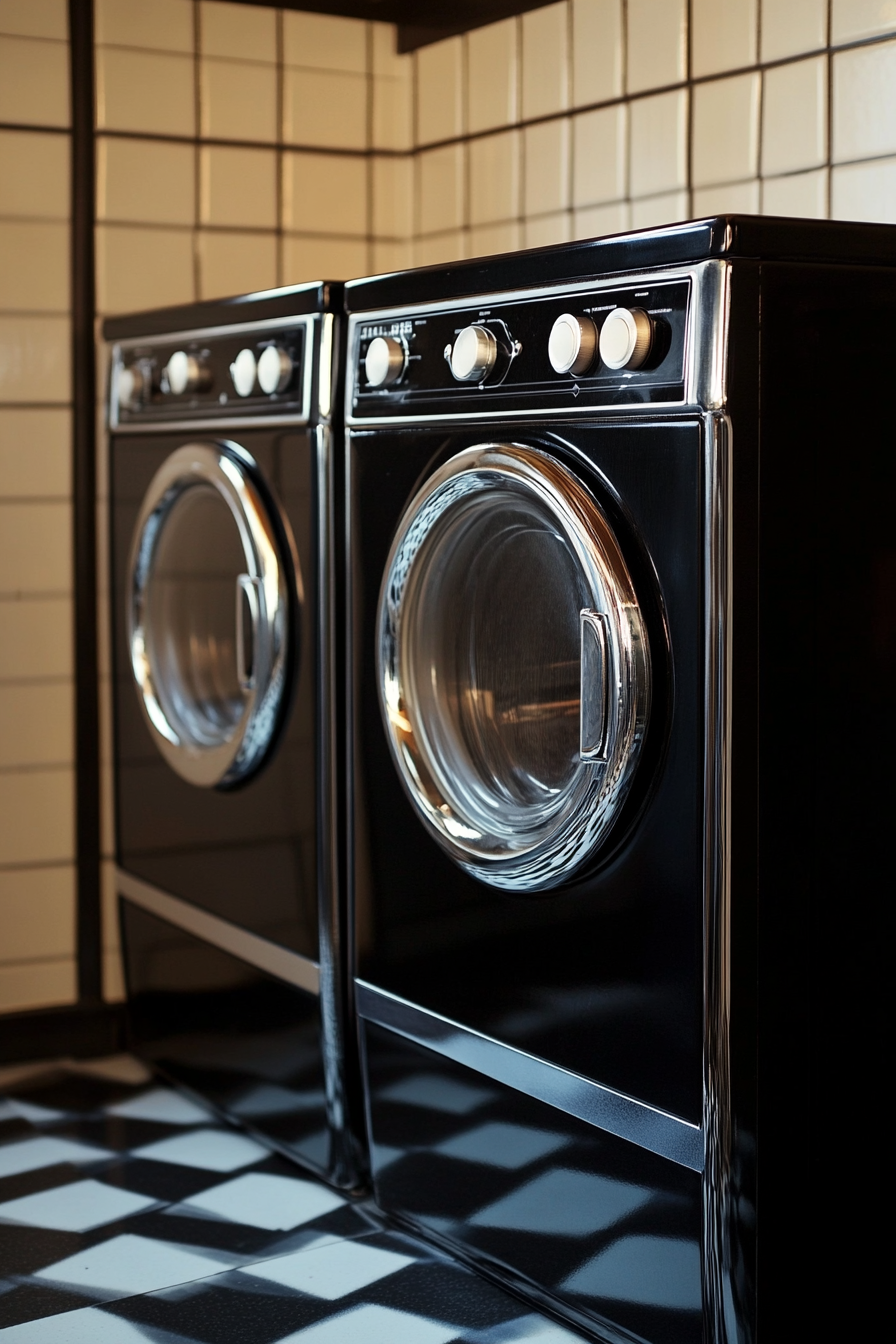 Vintage-modern laundry room. Retro washer and dryer set in black and chrome finish.