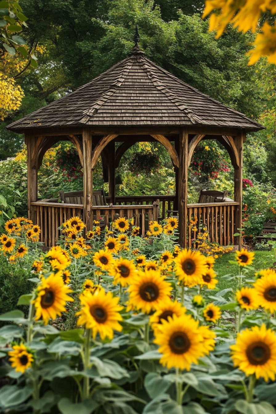 Backyard garden retreat. Wooden gazebo surrounded by vibrant sunflowers.