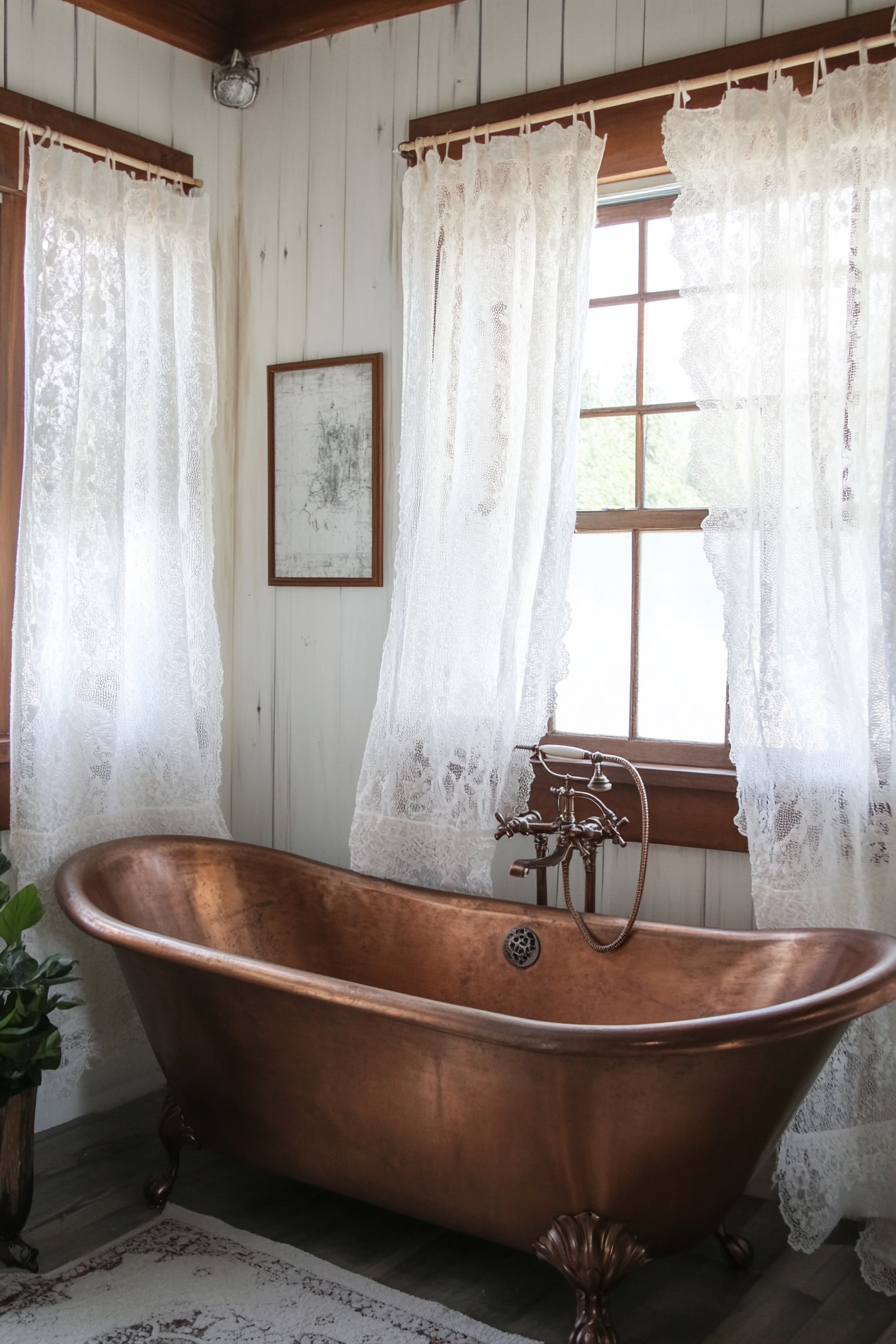 Glam-Rustic Bathroom. Freestanding copper bathtub with white lace curtains.