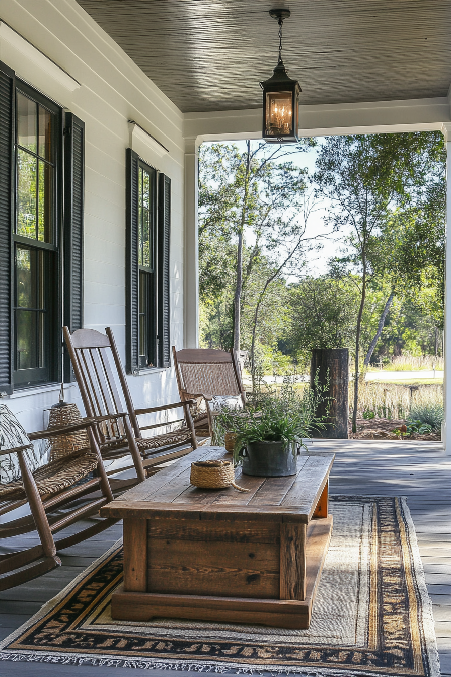 Front porch design. Rocking chairs with a rustic wooden coffee table.