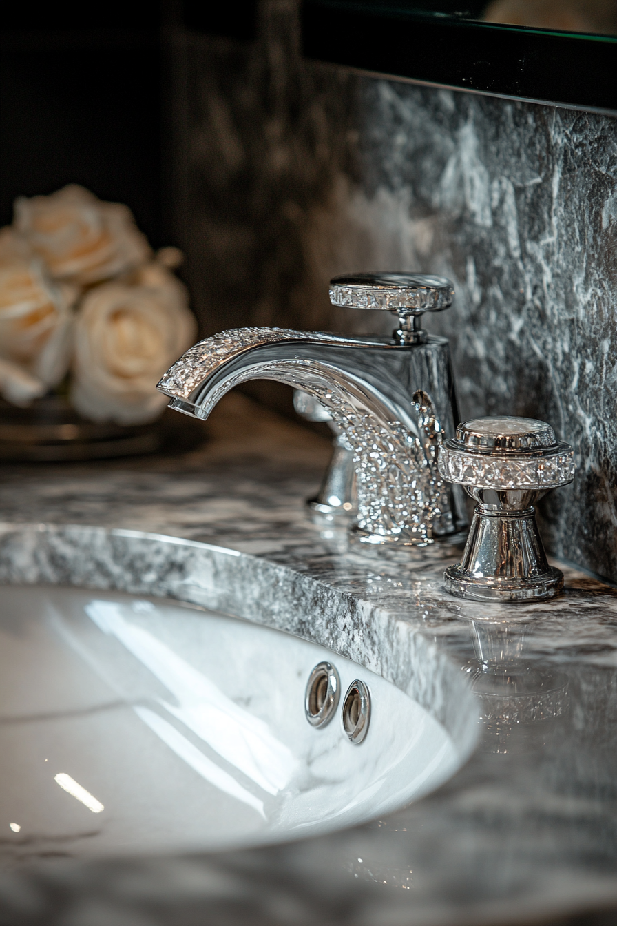 Modern bathroom update. Marble countertop with stainless steel tap.