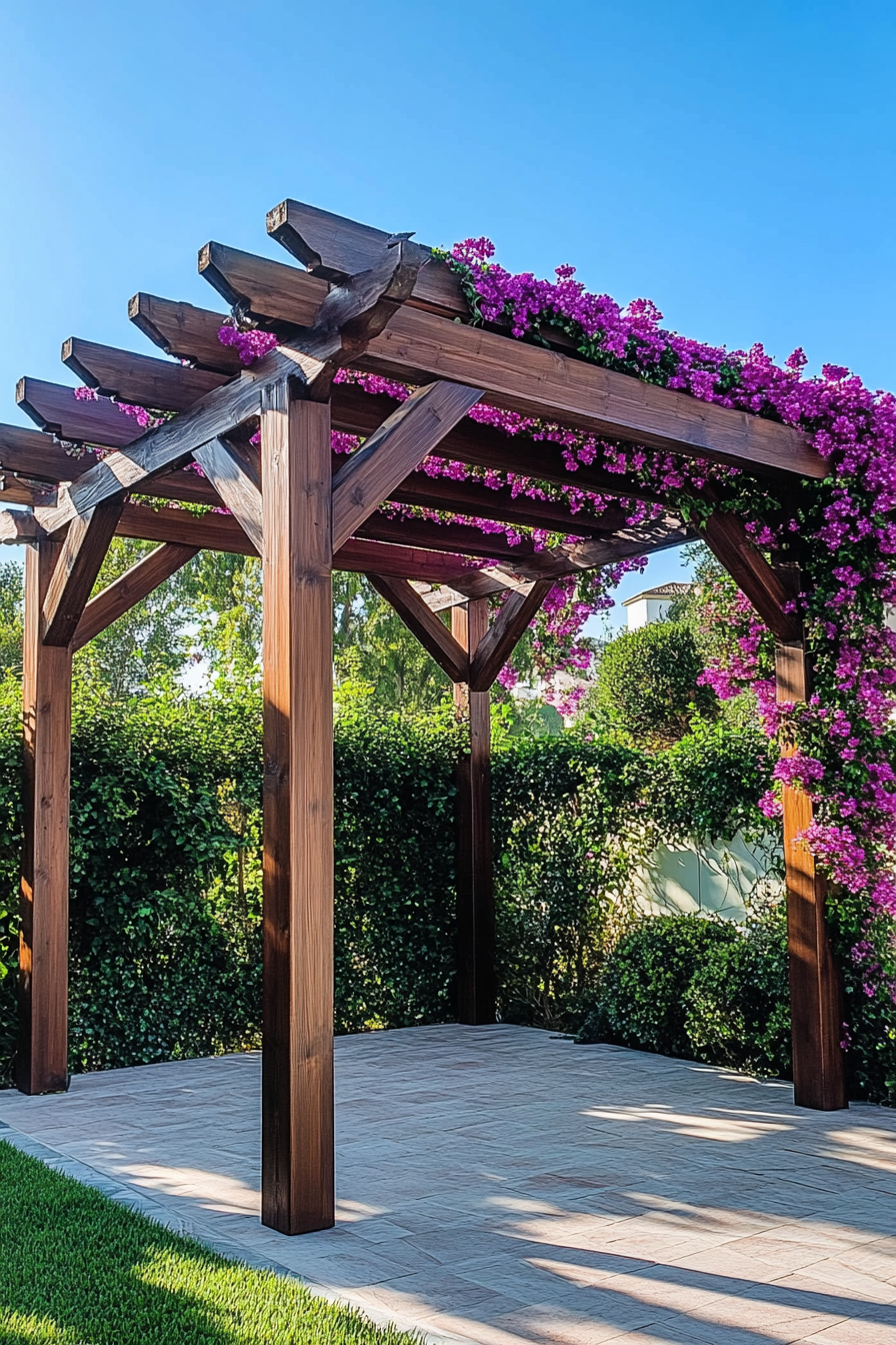 Backyard garden retreat. Wooden pergola draped with flowering vines.