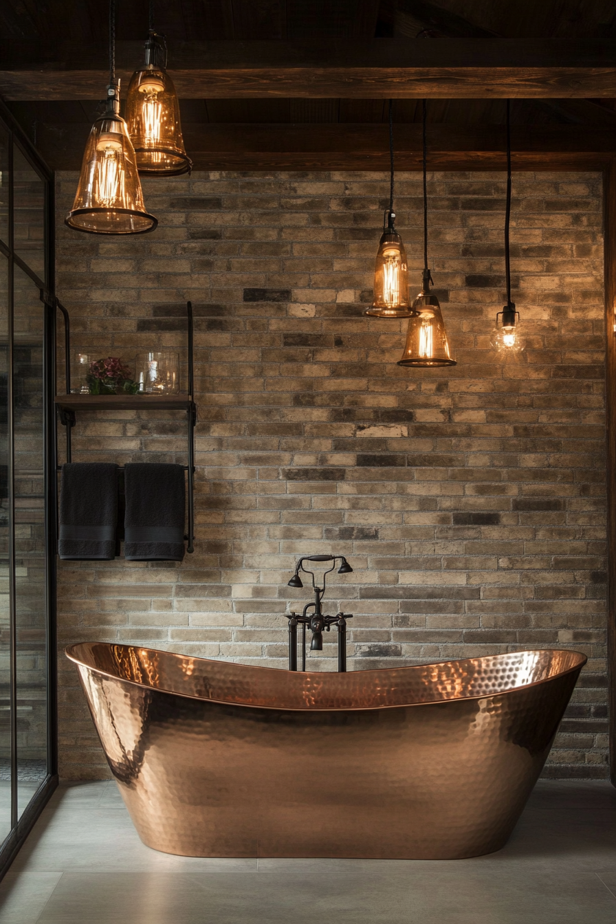 Glam-rustic bathroom. Copper freestanding bathtub with industrial lighting fixtures.