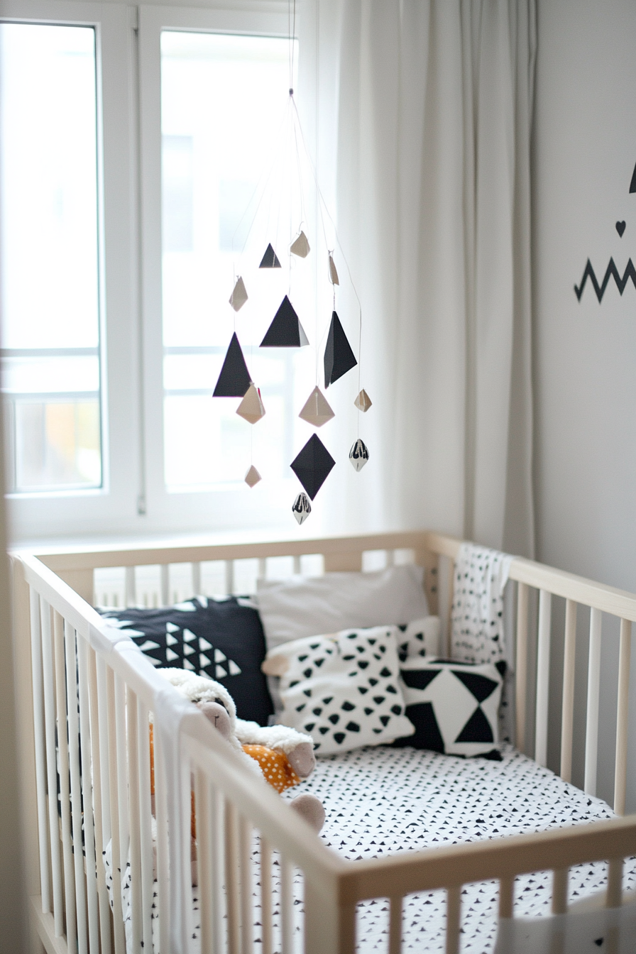 Contemporary baby room. Scandi-style crib with geometric mobile.