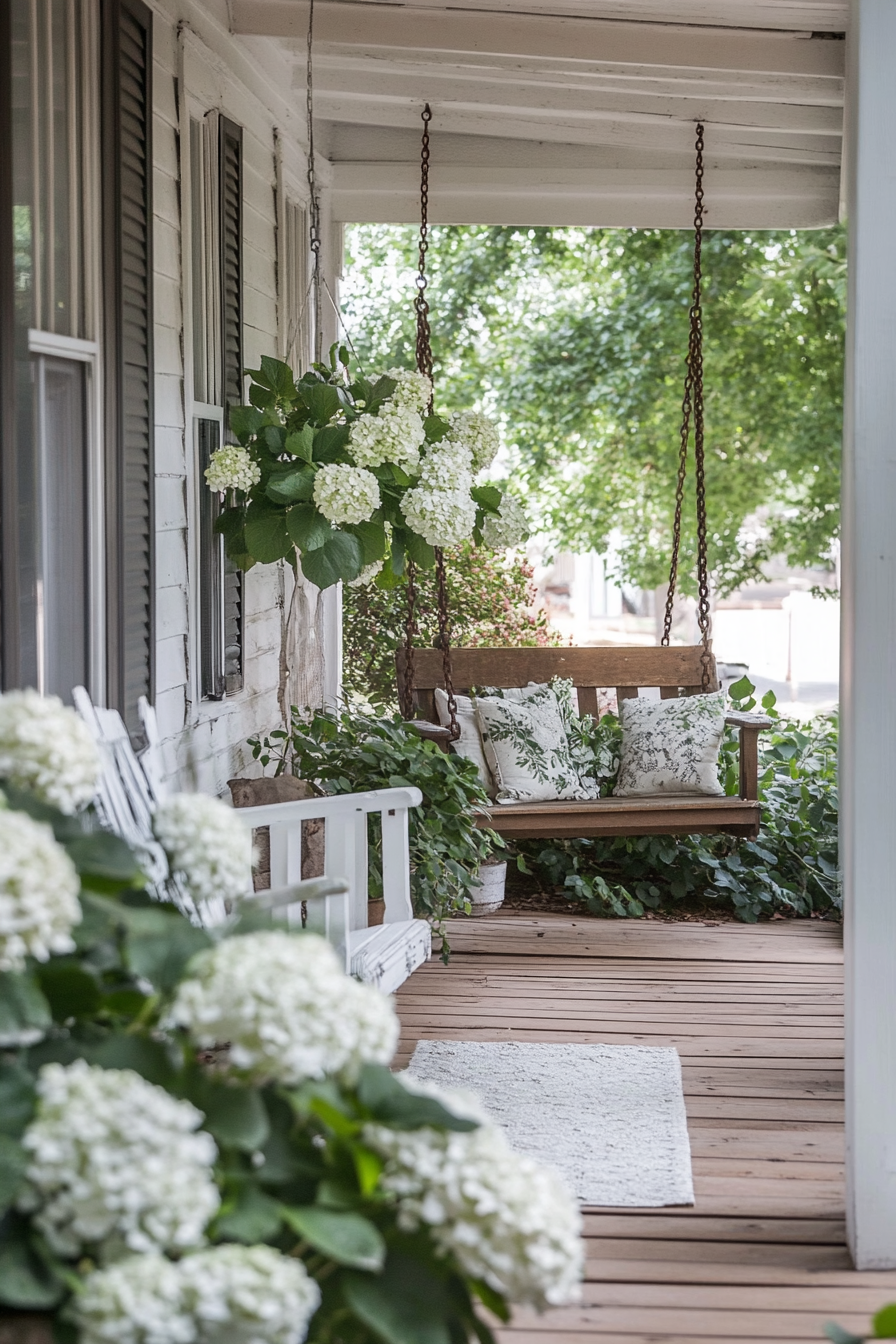 Front porch design. Potted hydrangeas beside wooden swing bench.