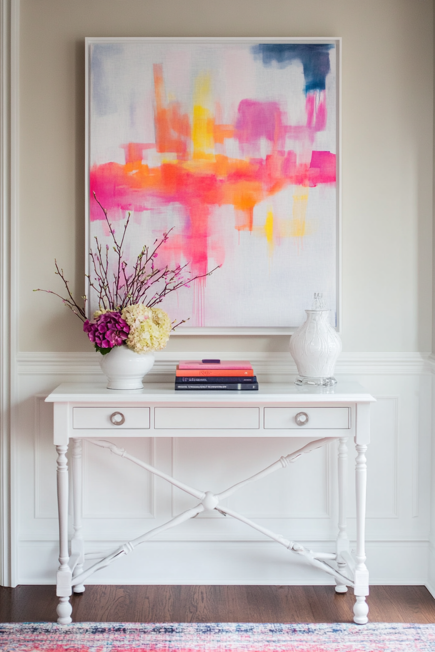 Entryway. Abstract neon artwork over simple white console table.