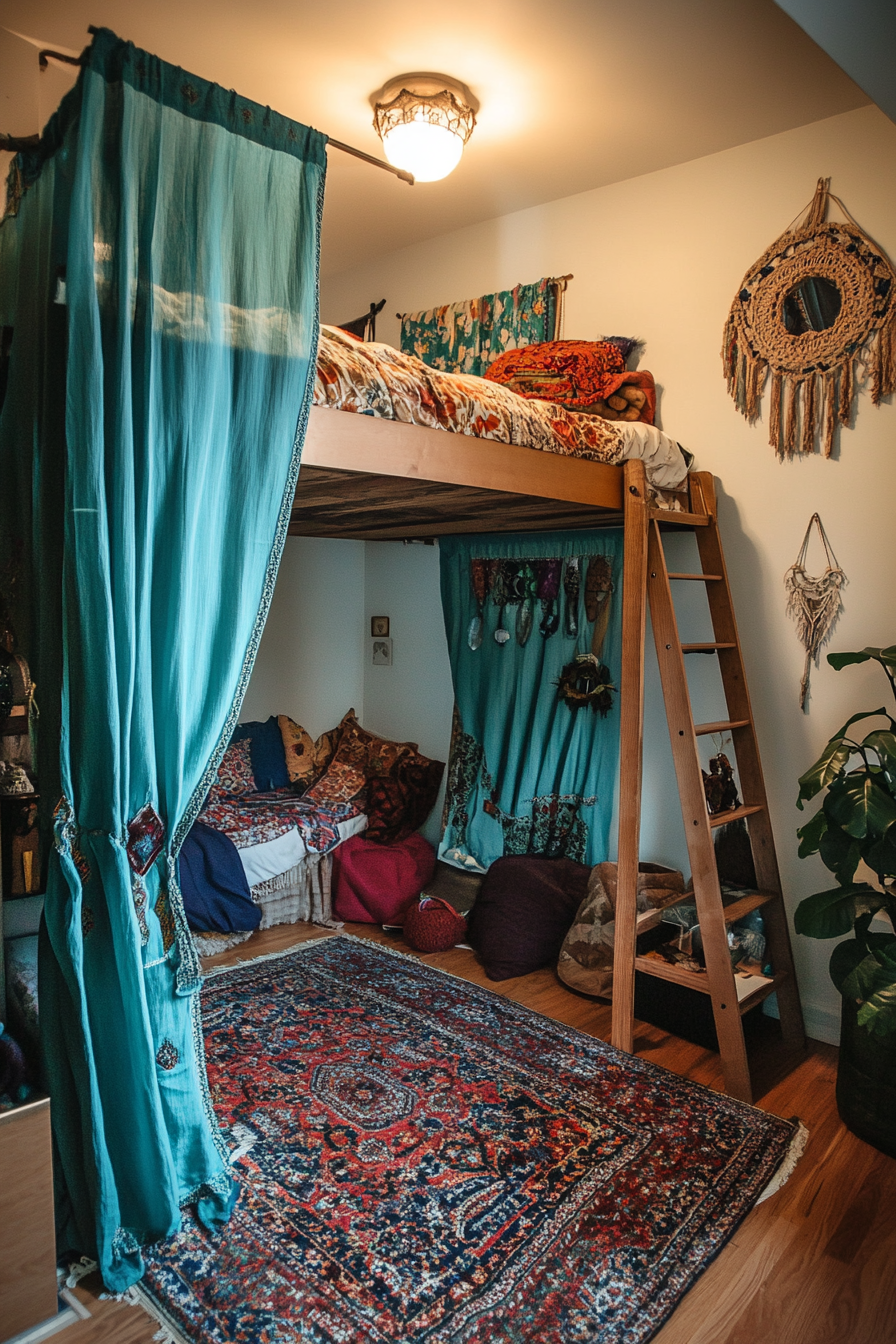 Bedroom design. Loft bed with teal bohemian-style hanging curtains.