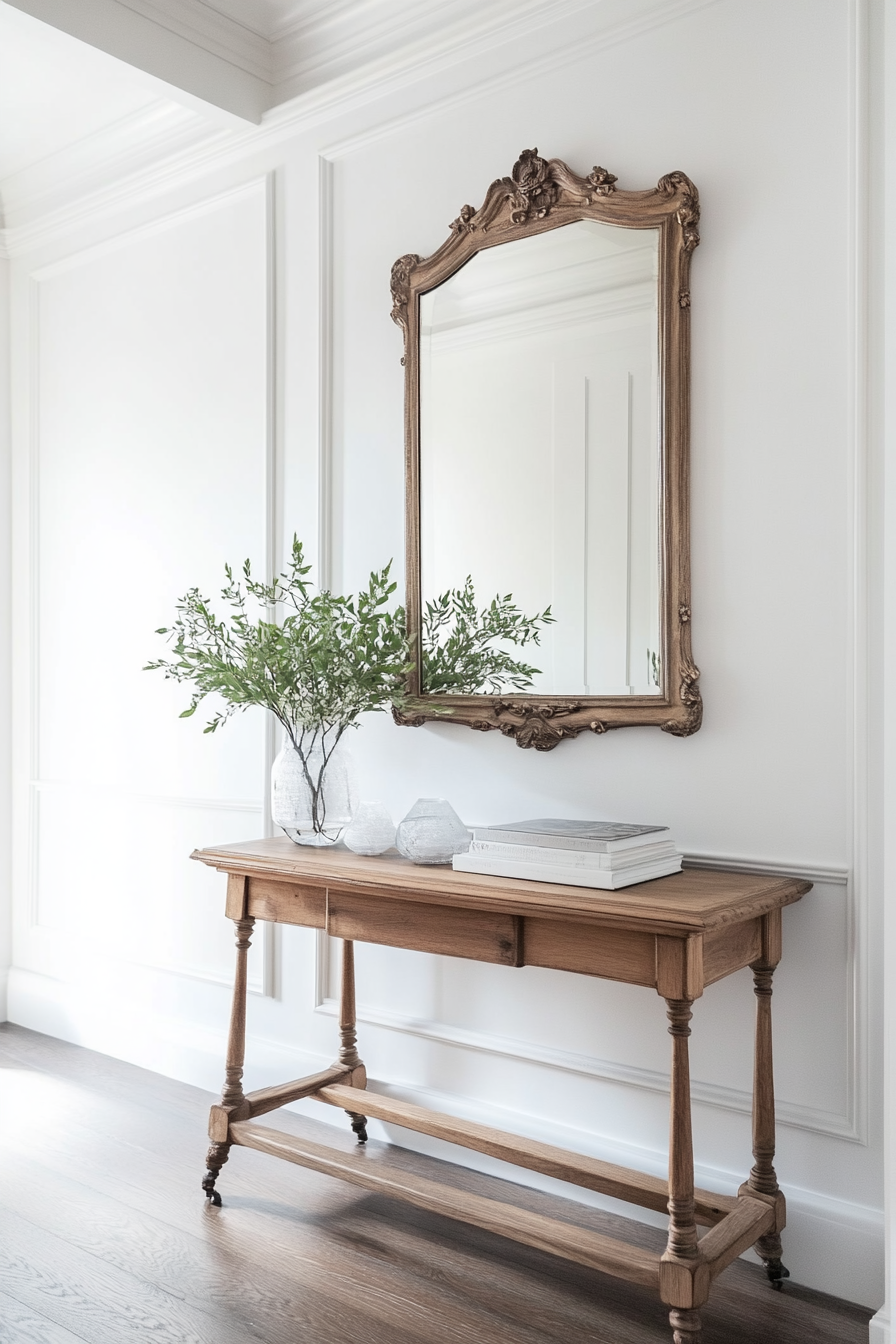 Entryway design. Ornate mirror, simple oak console table, white walls.