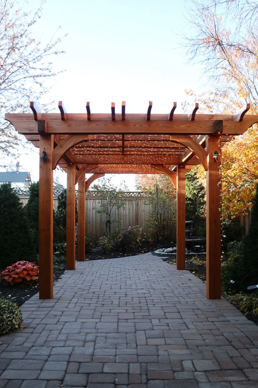 Backyard garden retreat. Wooden pergola with creeping vines.