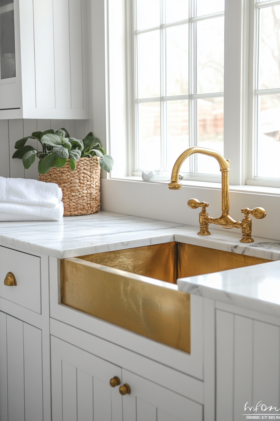 Laundry room. Marble countertop with brass utility sink.