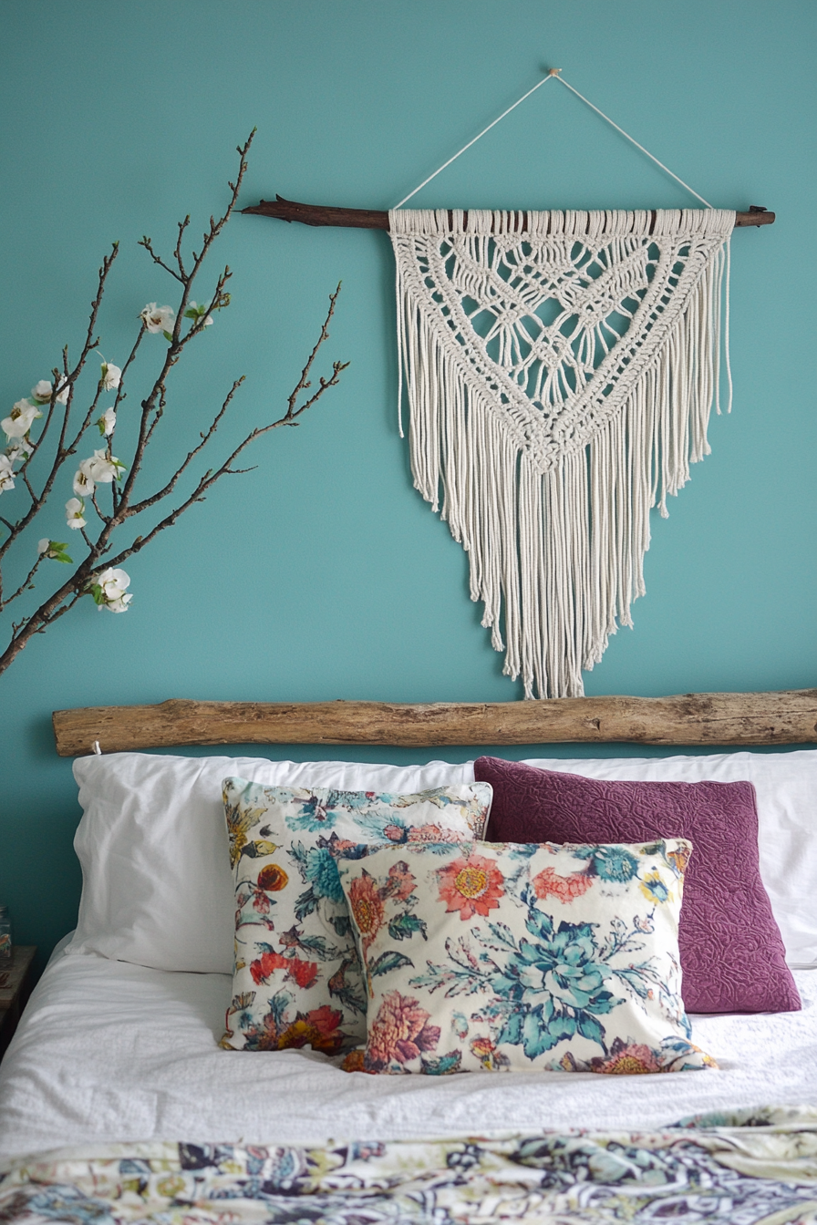 Boho bedroom makeover. Macrame wall hanging on muted turquoise wall.