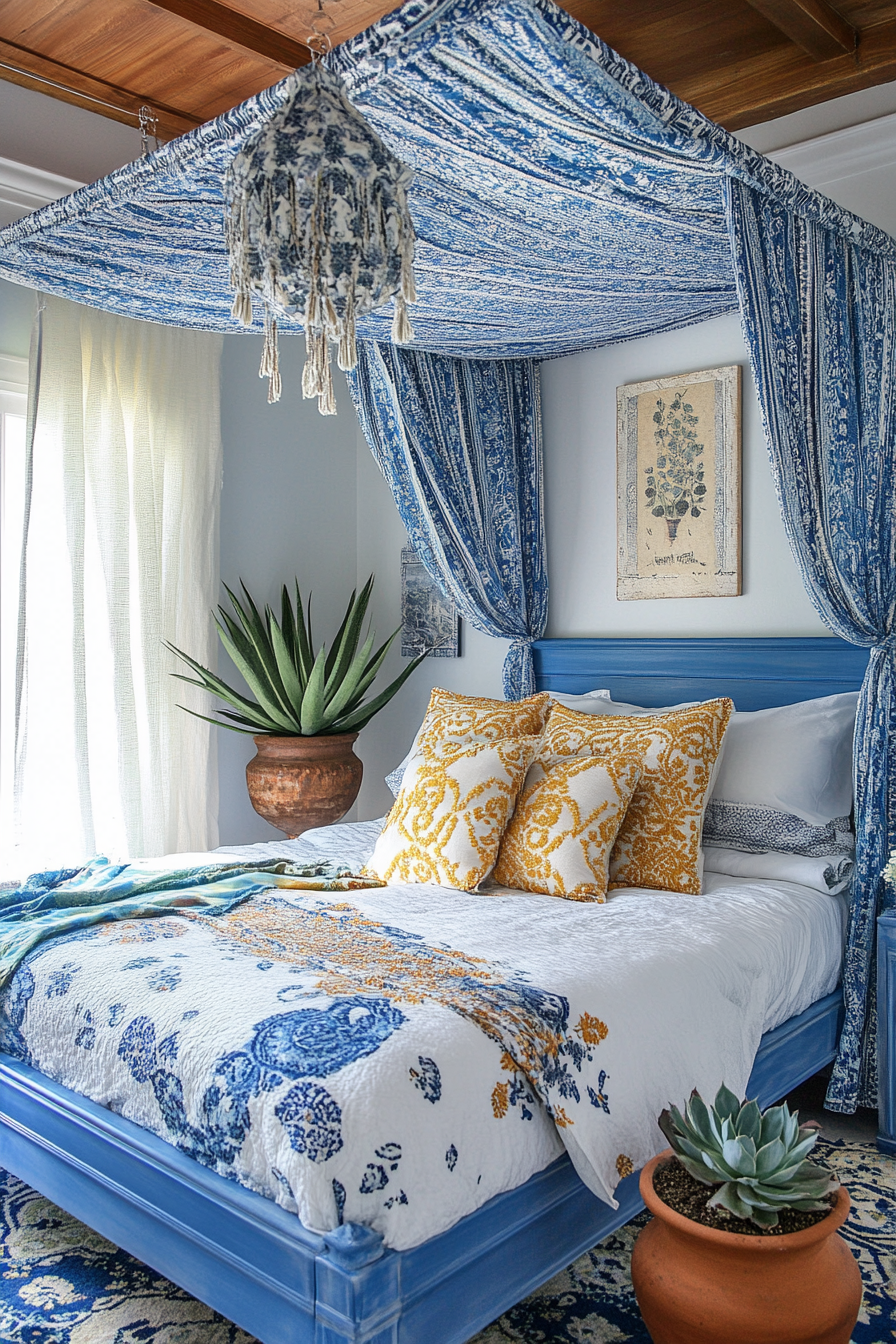 Bedroom design. Blue canopy bed near a potted succulent.