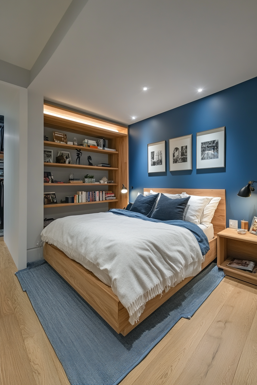 Bedroom design. Open concept with floating shelving and blue accent wall.