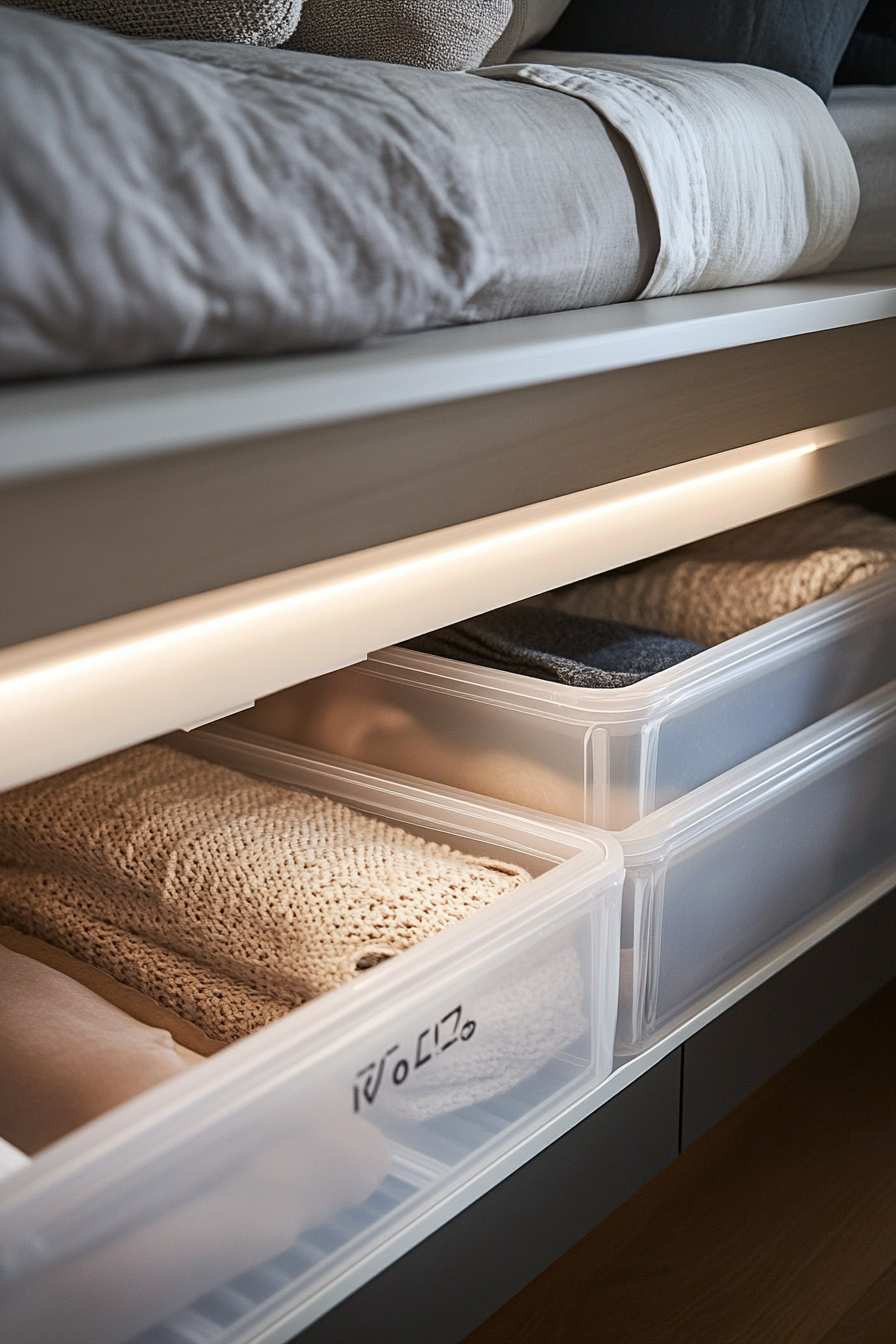 Under-bed storage solution. Transparent, sliding drawer with labelled sections.