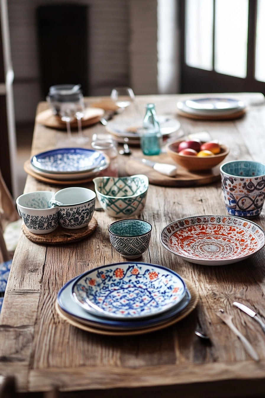 Bohemian kitchen style. Rustic wood dining table with patterned ceramic dishes.