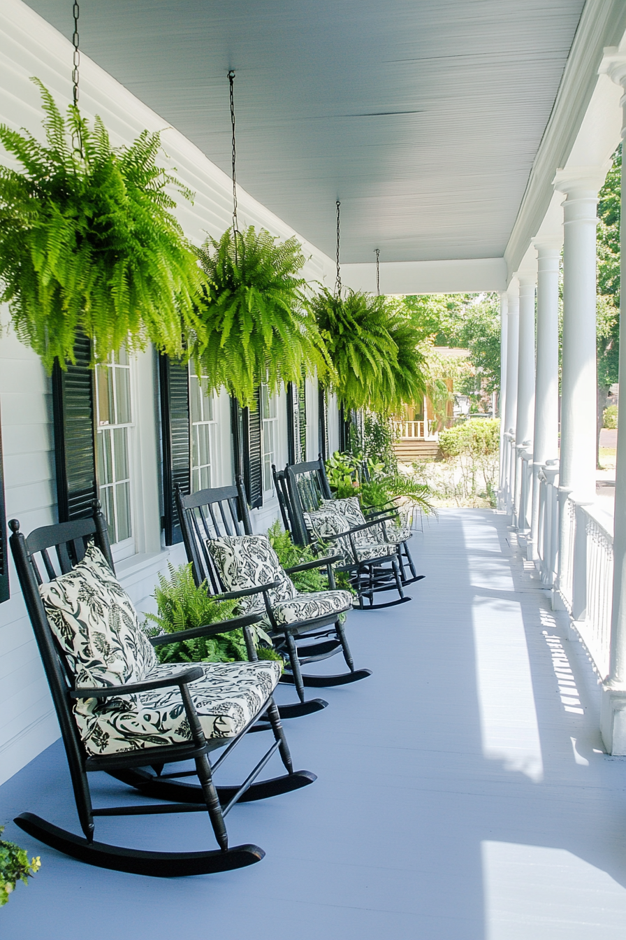 Front porch design. Rocking chairs with patterned cushions and hanging ferns.