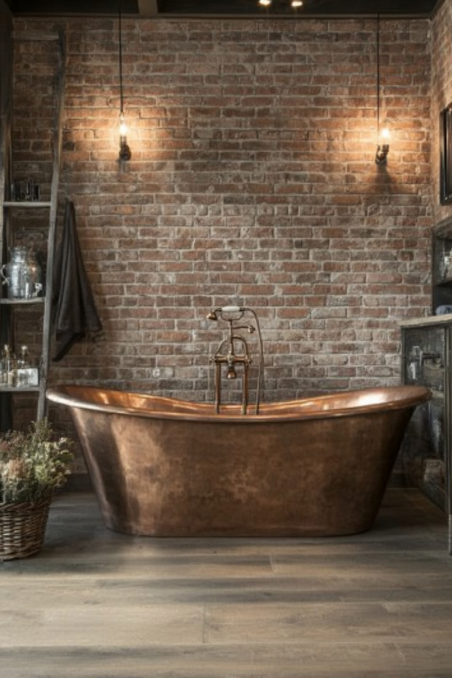 Glam-Rustic Bathroom. Copper freestanding tub against raw brick wall.