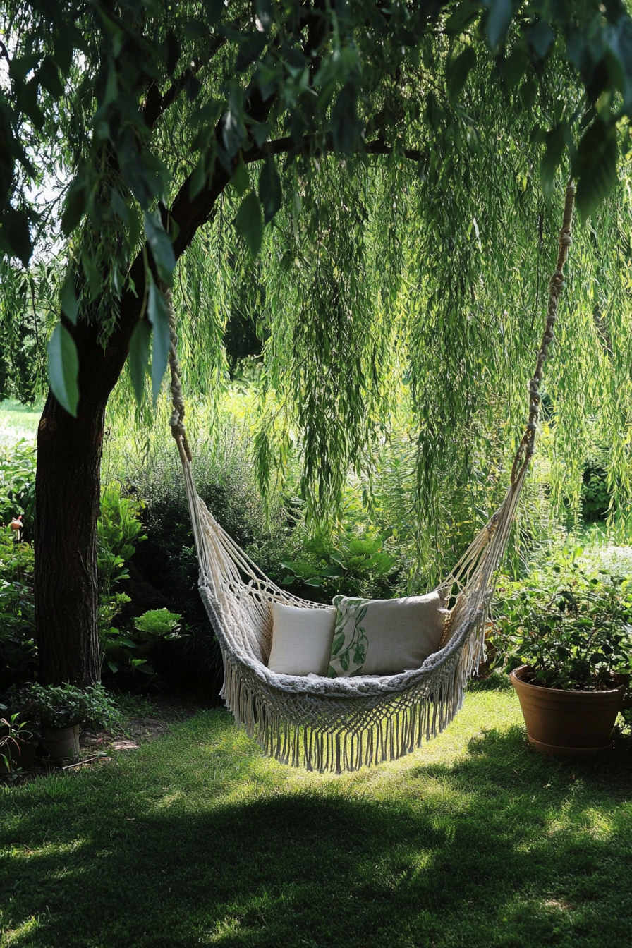 Backyard garden retreat. Hanging macrame chair under a willow tree.