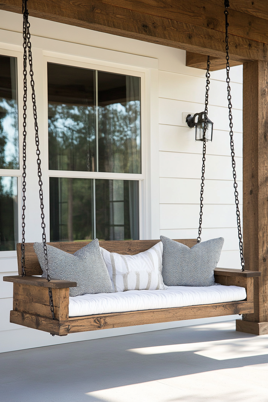 Front porch design. Rustic oak swing with white trim.