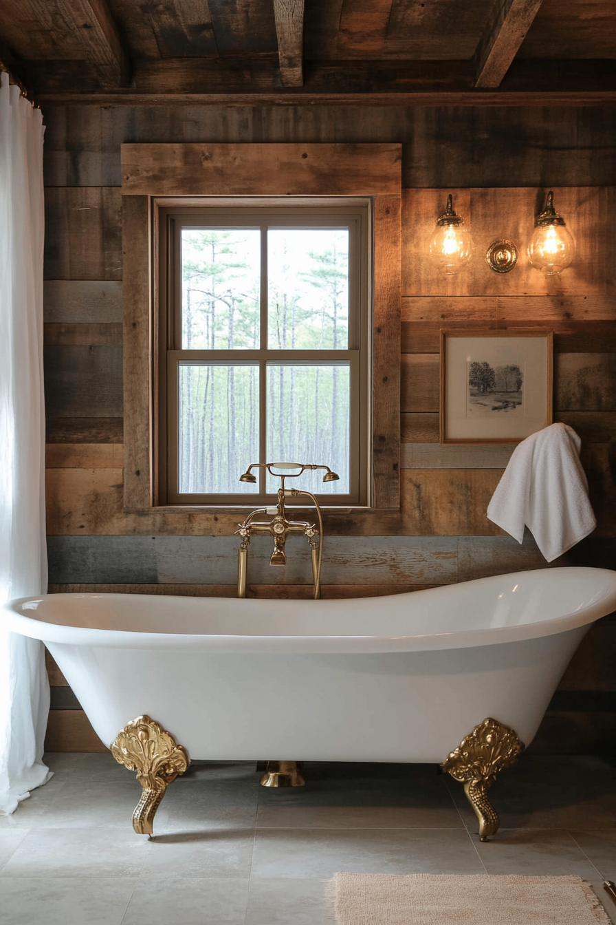 Glam-Rustic Bathroom. Clawfoot bathtub with tarnished brass fixtures.