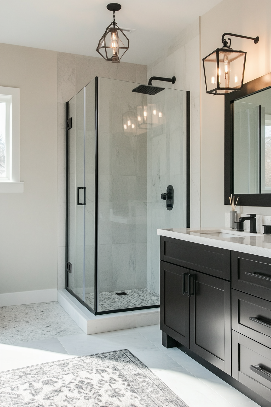 Modern bathroom update. Glass-door shower with black metallic features.