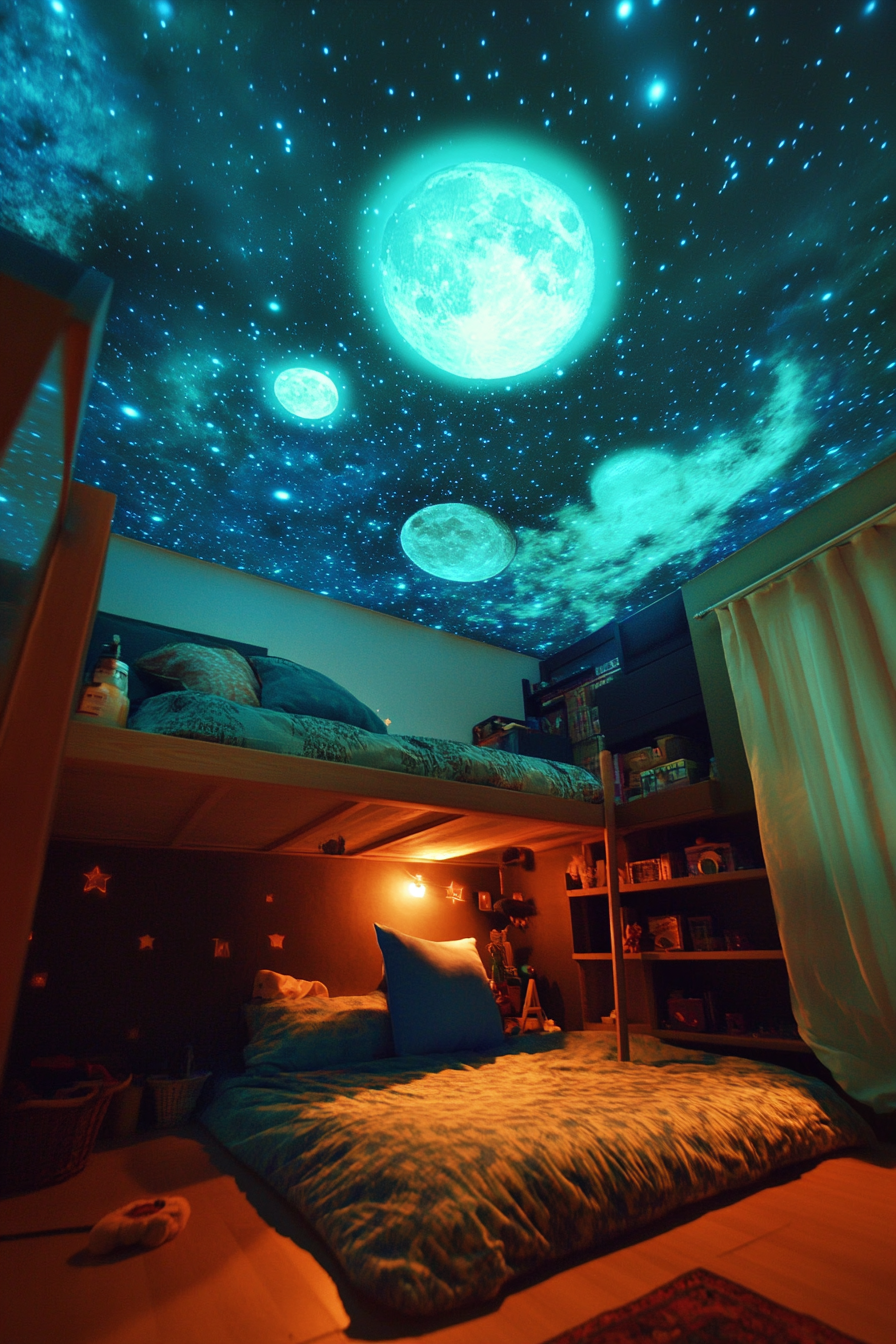 Bedroom design. Ceiling with glow-in-the-dark stars and moons.