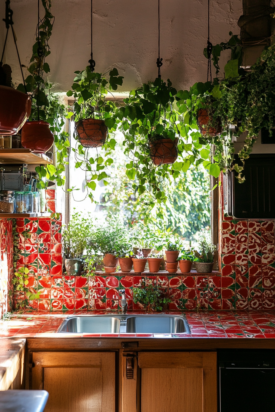 Bohemian Kitchen style. Turkey red ceramic tiles with green ivy hanging baskets.