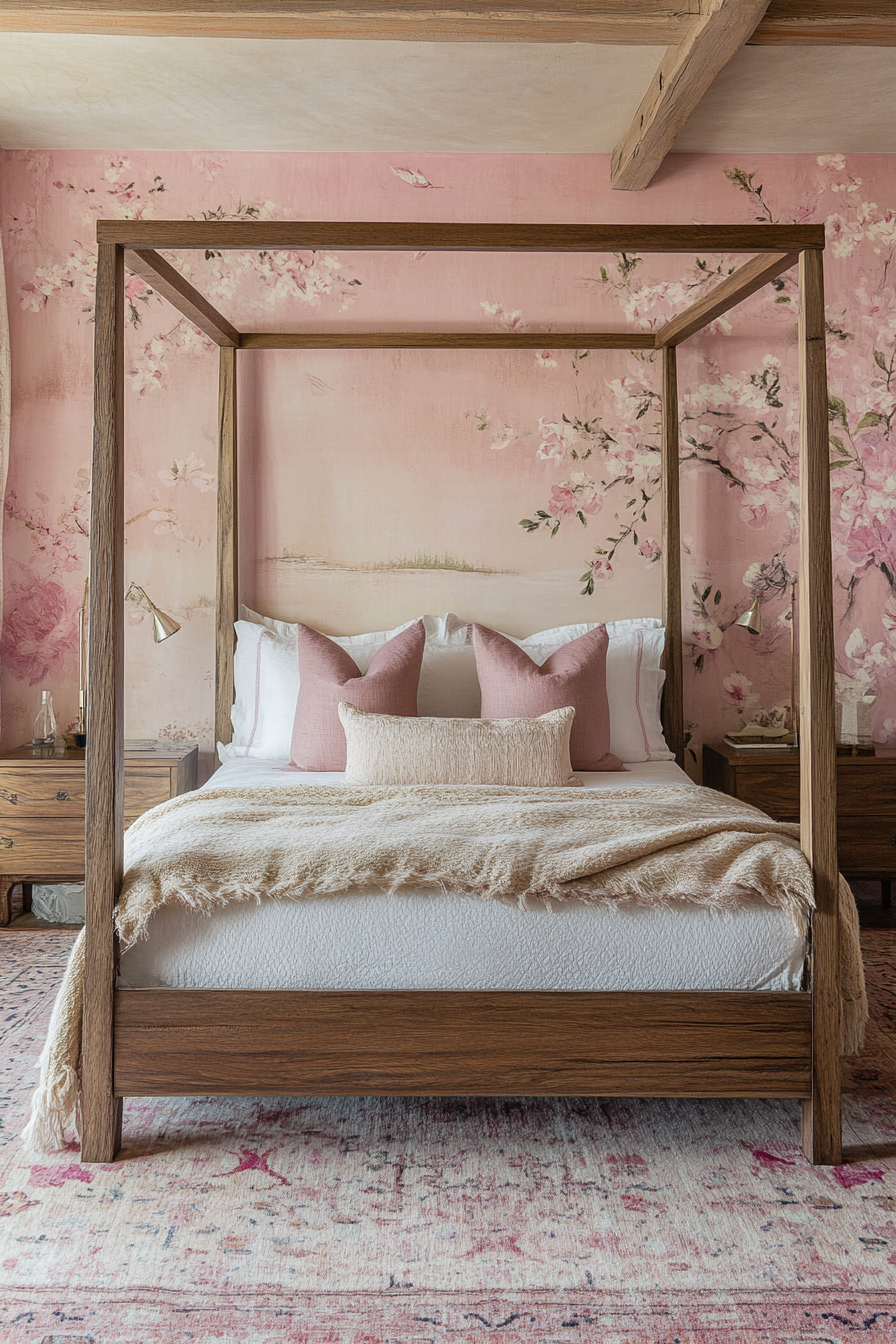 Bedroom design. Rustic wood canopy bed against blush botanical wallpaper.