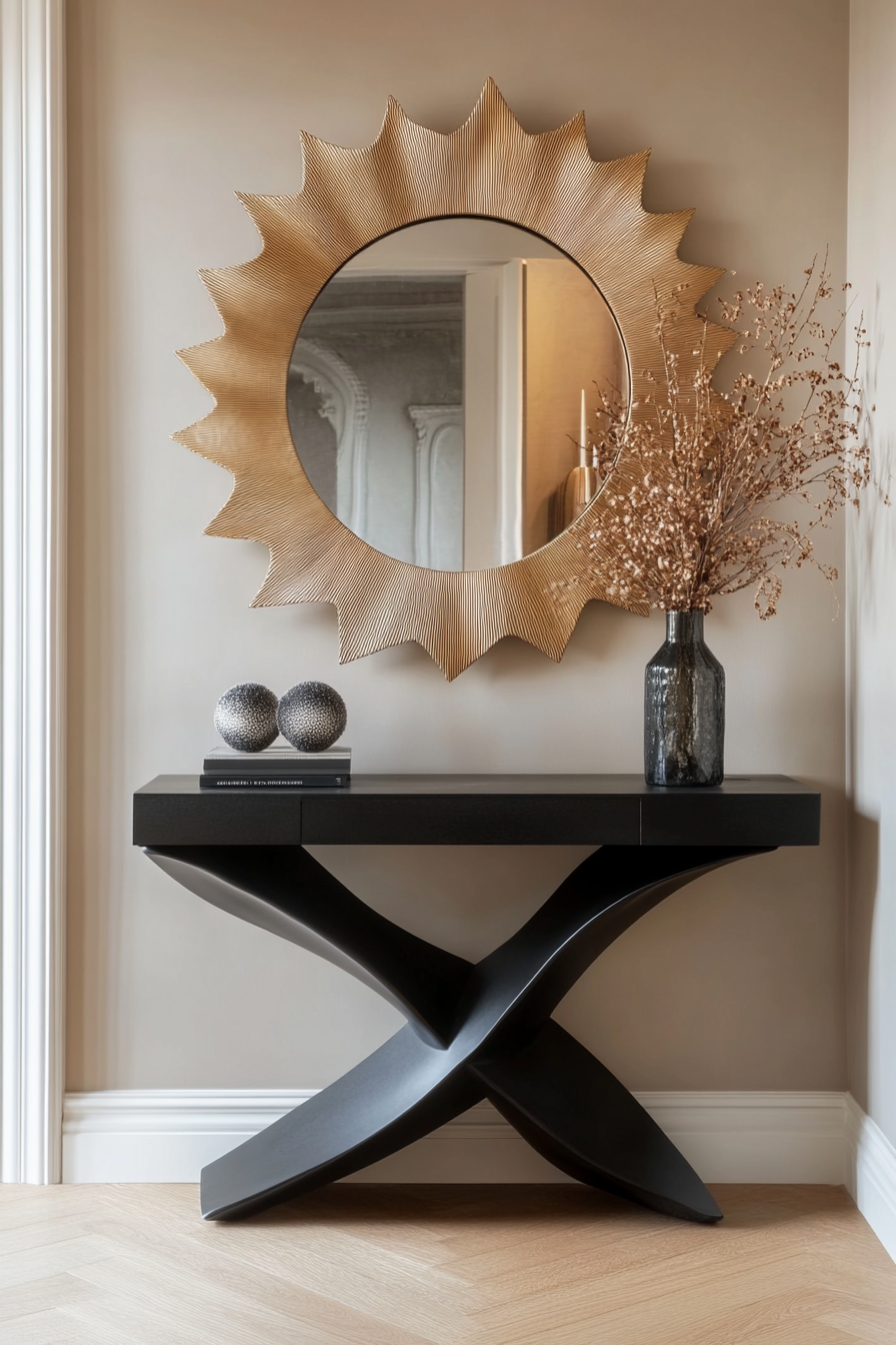 Maximalist-minimalist entryway. Black console table with a large gold mirror above it.