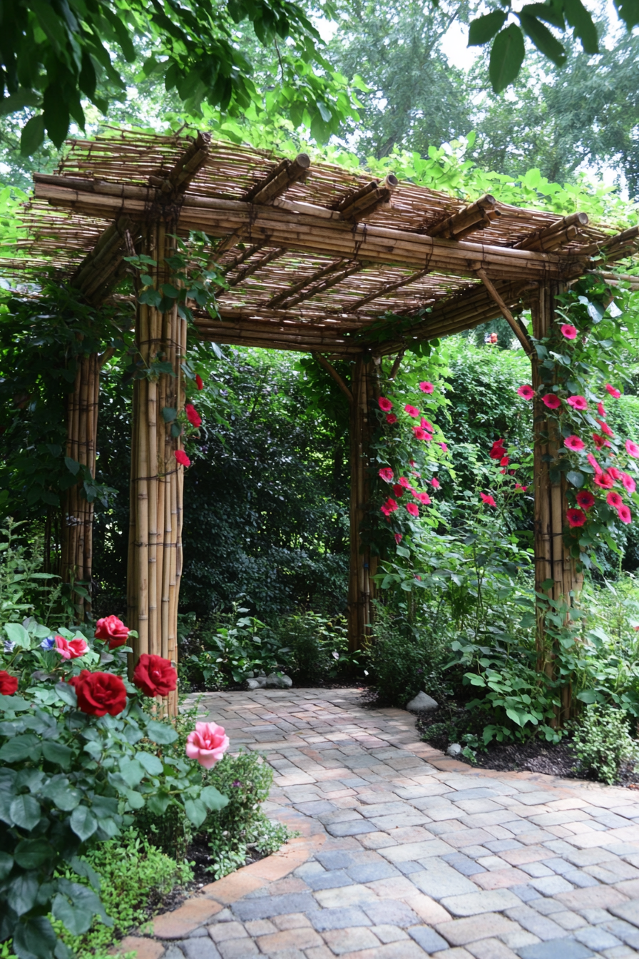 Backyard garden retreat. Bamboo pergola adorned with morning glories and deep red roses.