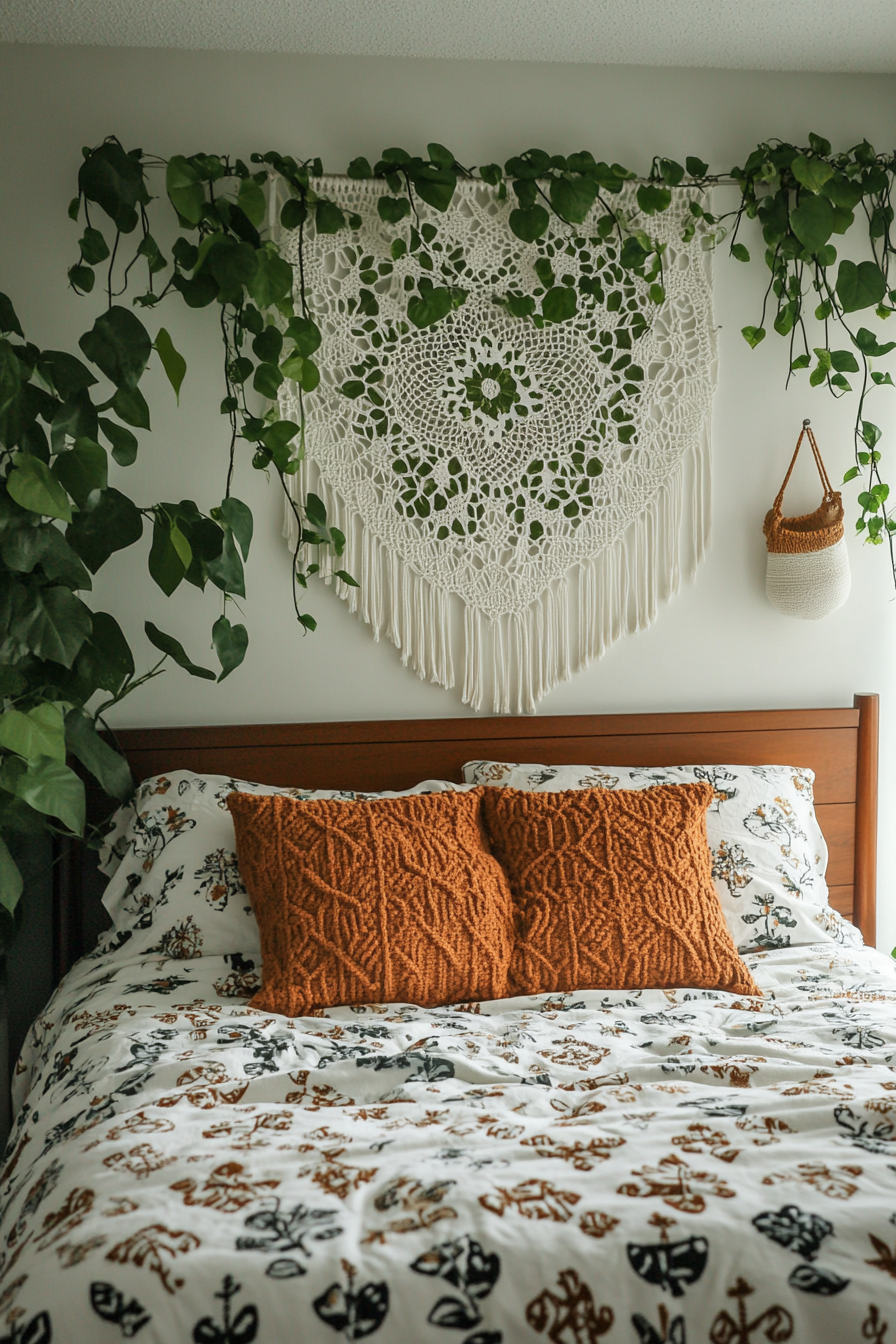 Boho bedroom makeover. Wall decorated with faux-ivy and pattered macrame tapestry.