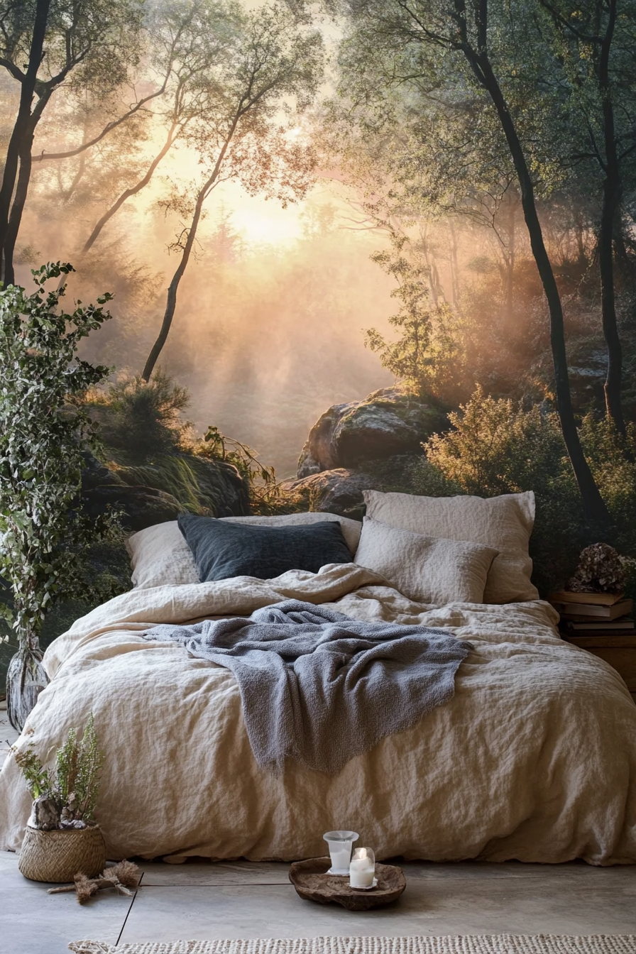 Bedroom design. Wall-to-wall mural of an enchanting forest at sunset.