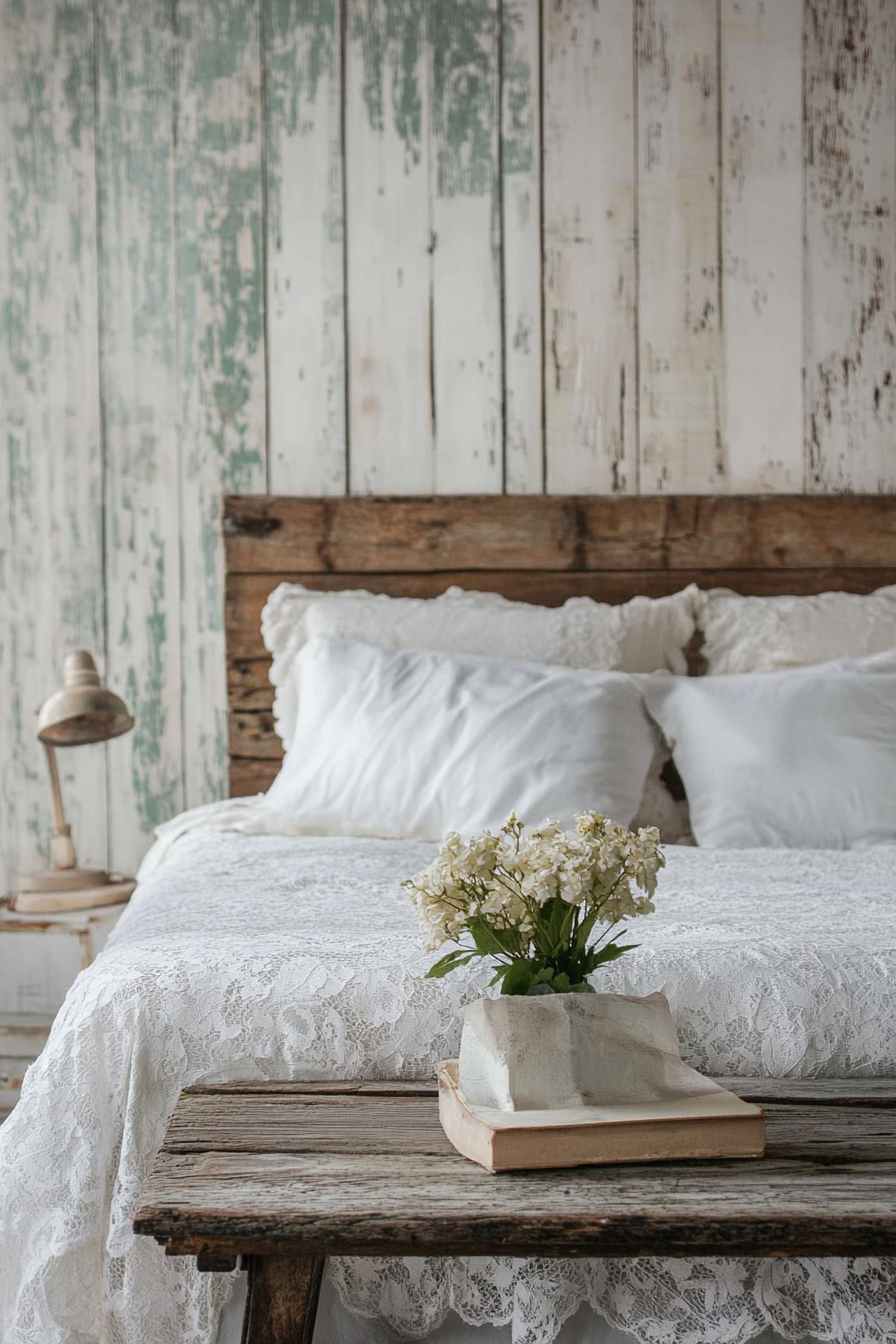 Cottagecore-Industrial Bedroom. Distressed wood table with white lace bedding.