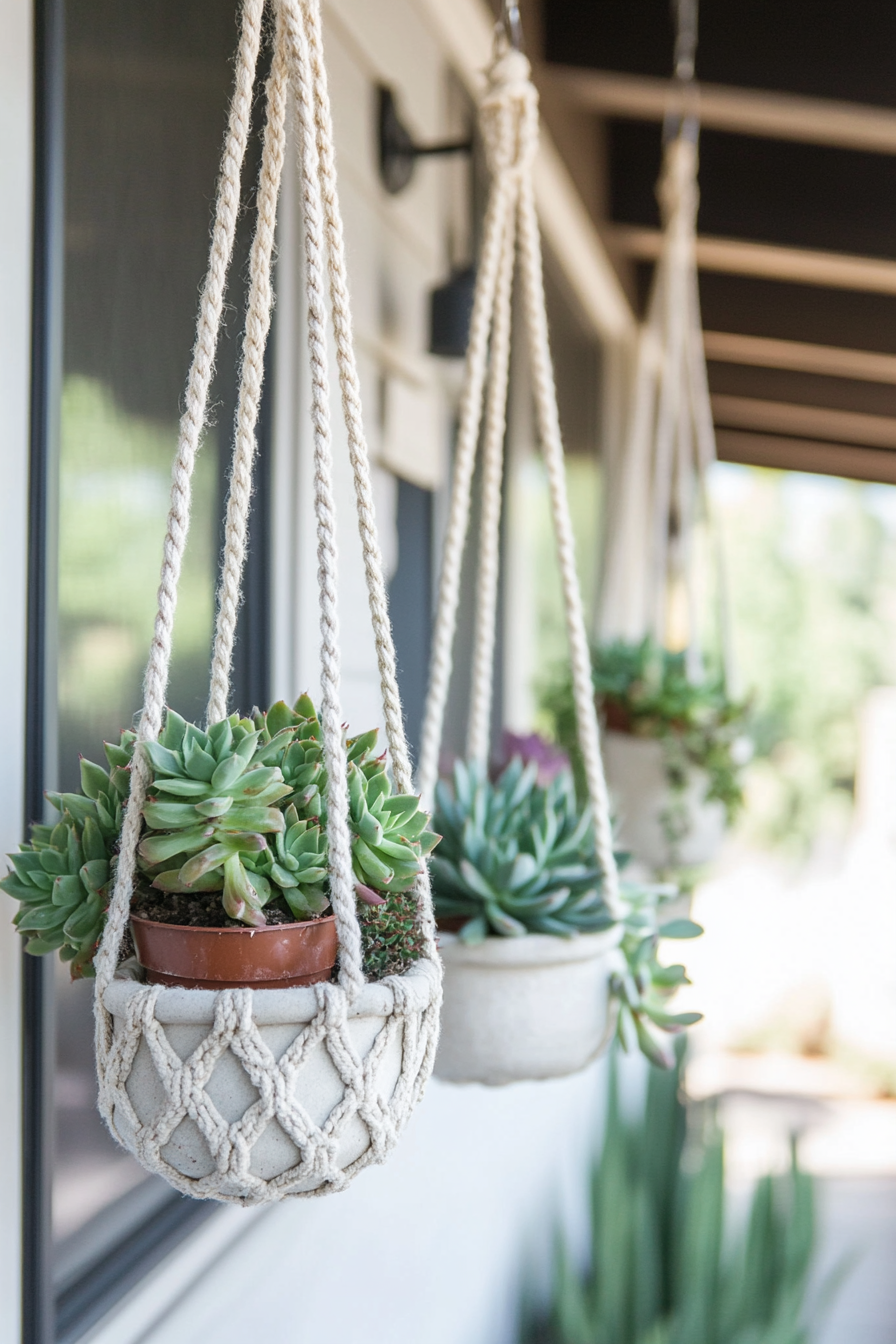 Front porch design. Hanging macramé pots with succulents.