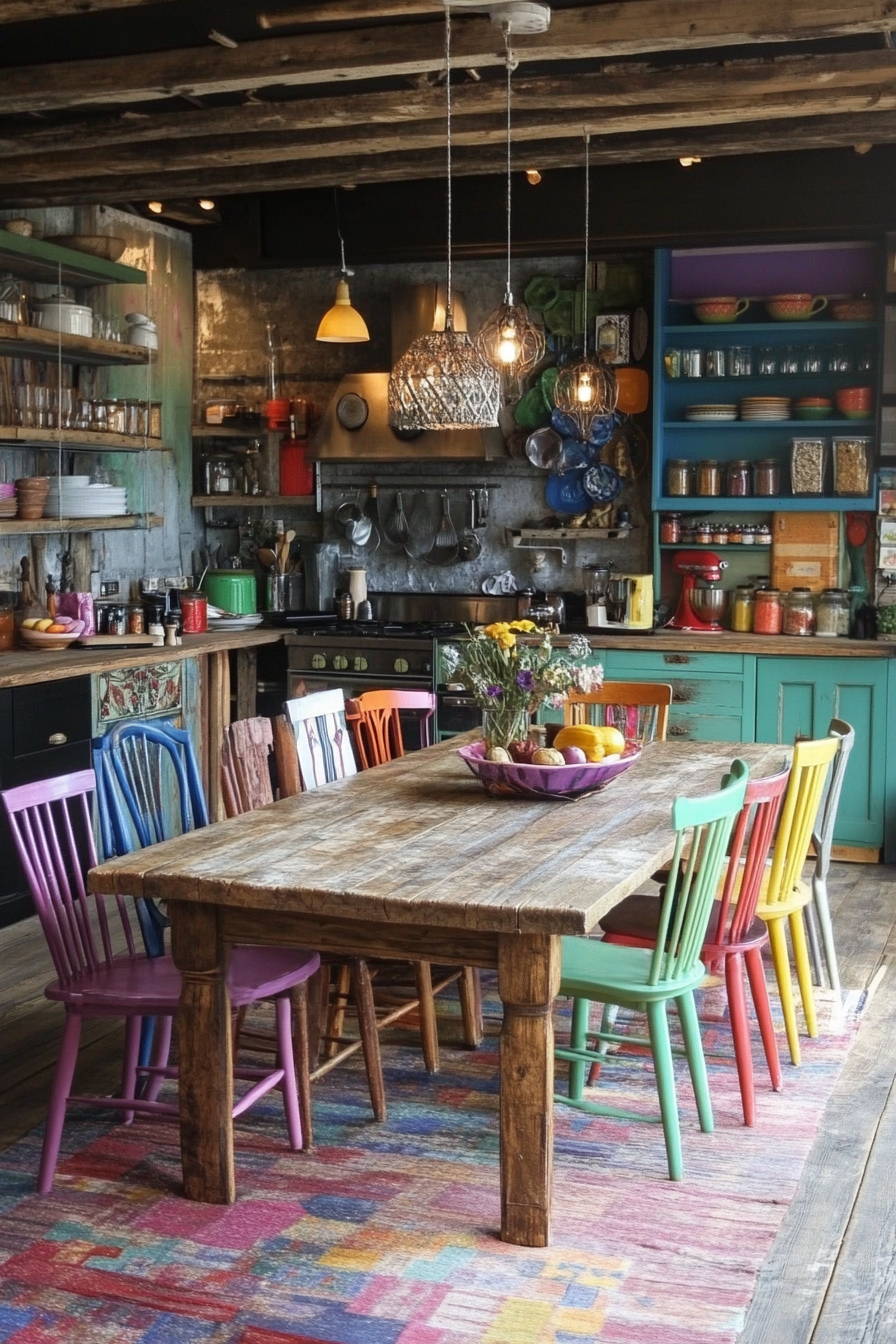 Bohemian kitchen style. Rustic wooden dining table with mismatched colorful chairs.