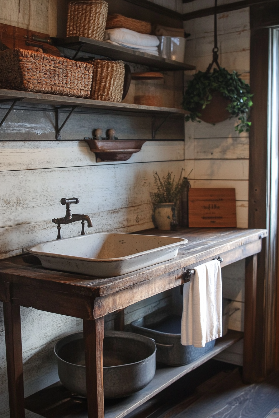 Laundry room. Antique wood ironing table with metal wash basin.