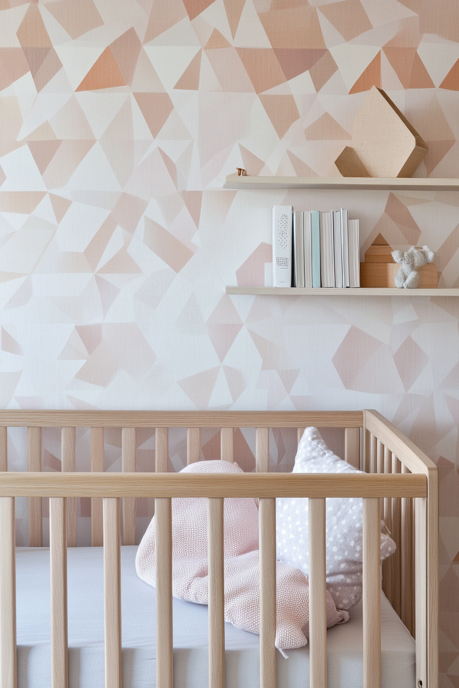 Contemporary baby room. Pastel-hued geometric pattern wallpaper with oak crib and floating bookshelves.