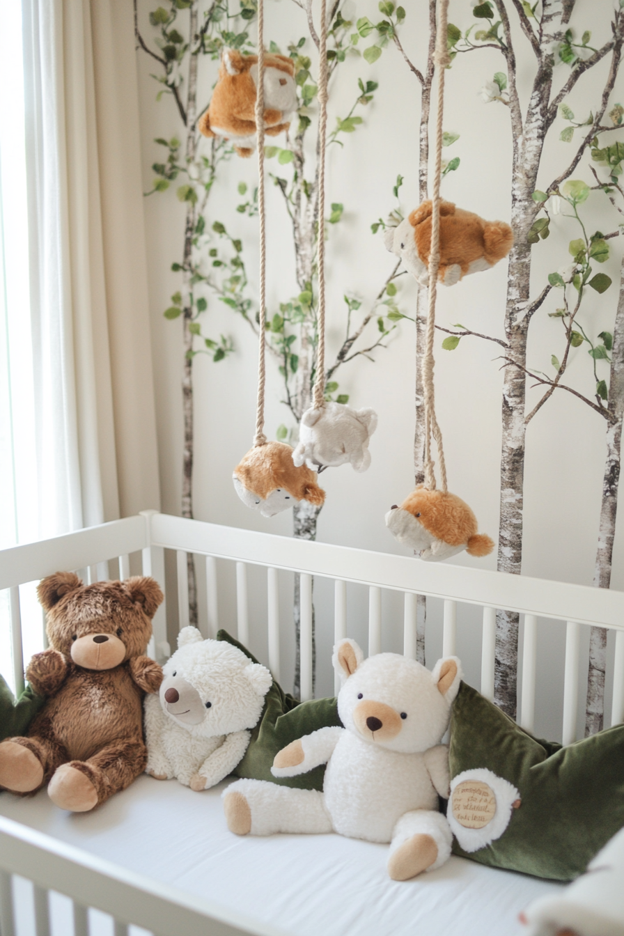 Woodland nursery. White crib surrounded by dangling velvet animal plushies.