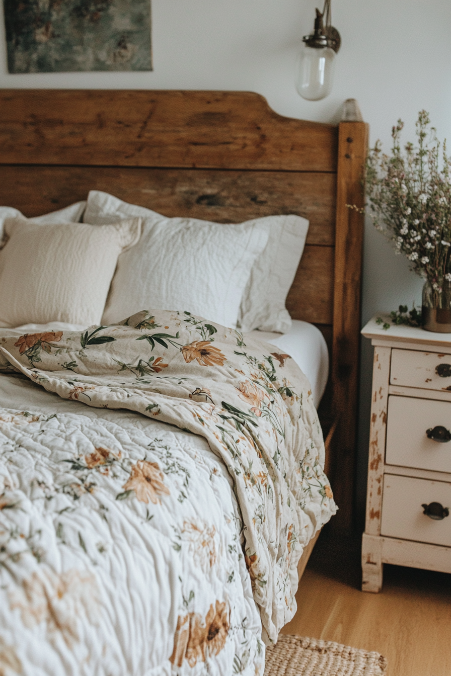 Cottagecore-industrial bedroom. Distressed wood bed with floral quilt.