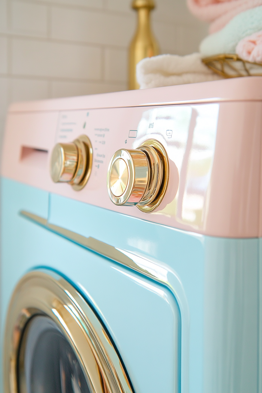 Vintage-Modern Laundry Room. Pastel-colored washing machine with brass accessories.