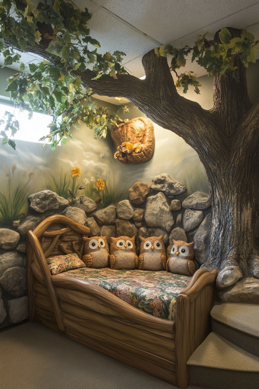 Woodland nursery. Tree mural with owl-shaped cushions.