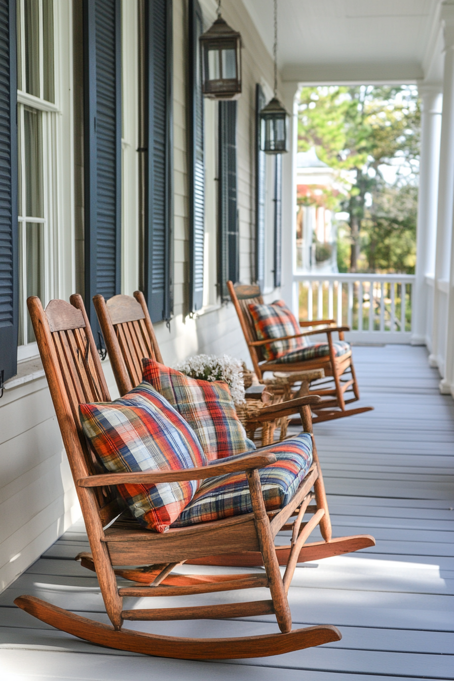 Front porch design. Wooden rocking chair with colorful plaid cushions.