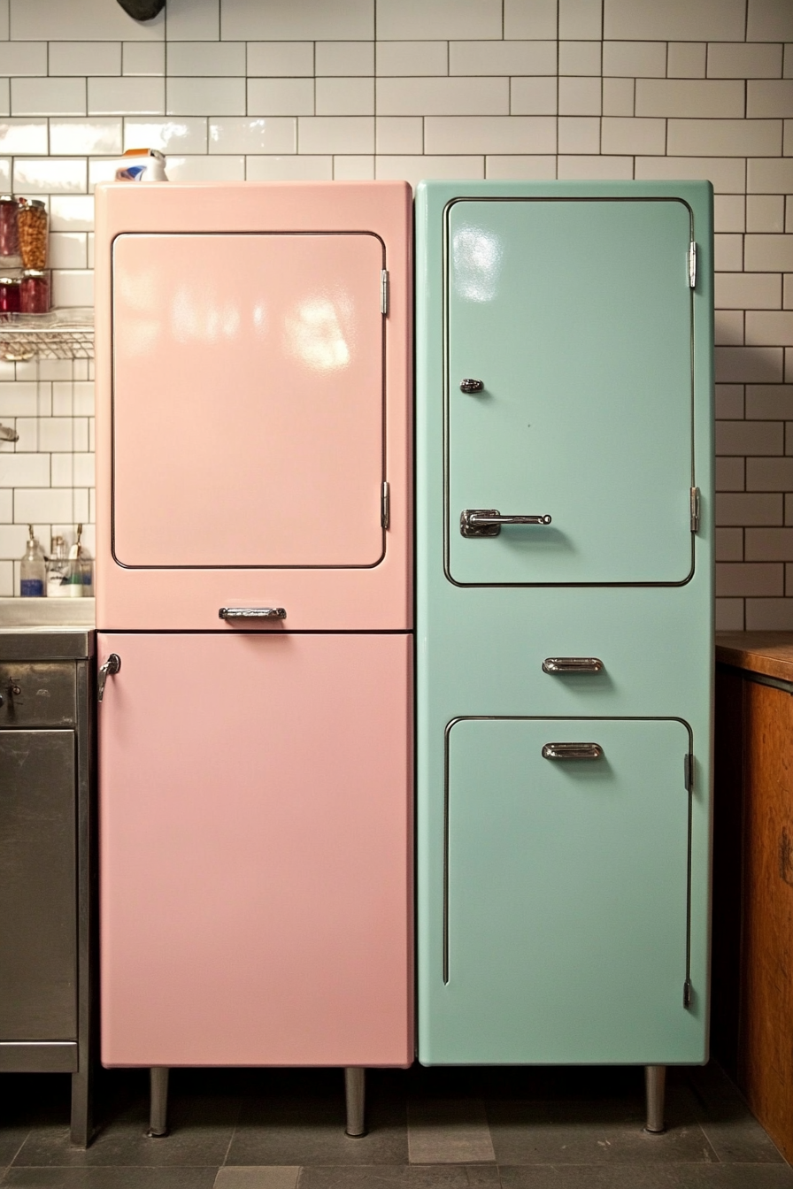 Vintage-Modern Laundry Room. Pastel metal cabinets with subway tile backsplash.