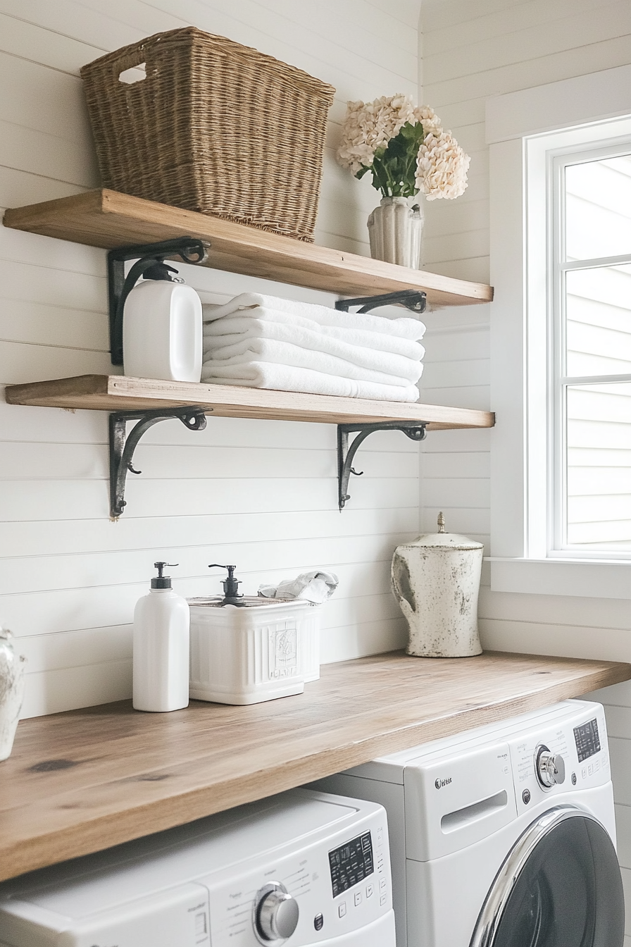 Vintage-Modern Laundry Room. White painted wooden shelves with antique iron brackets.