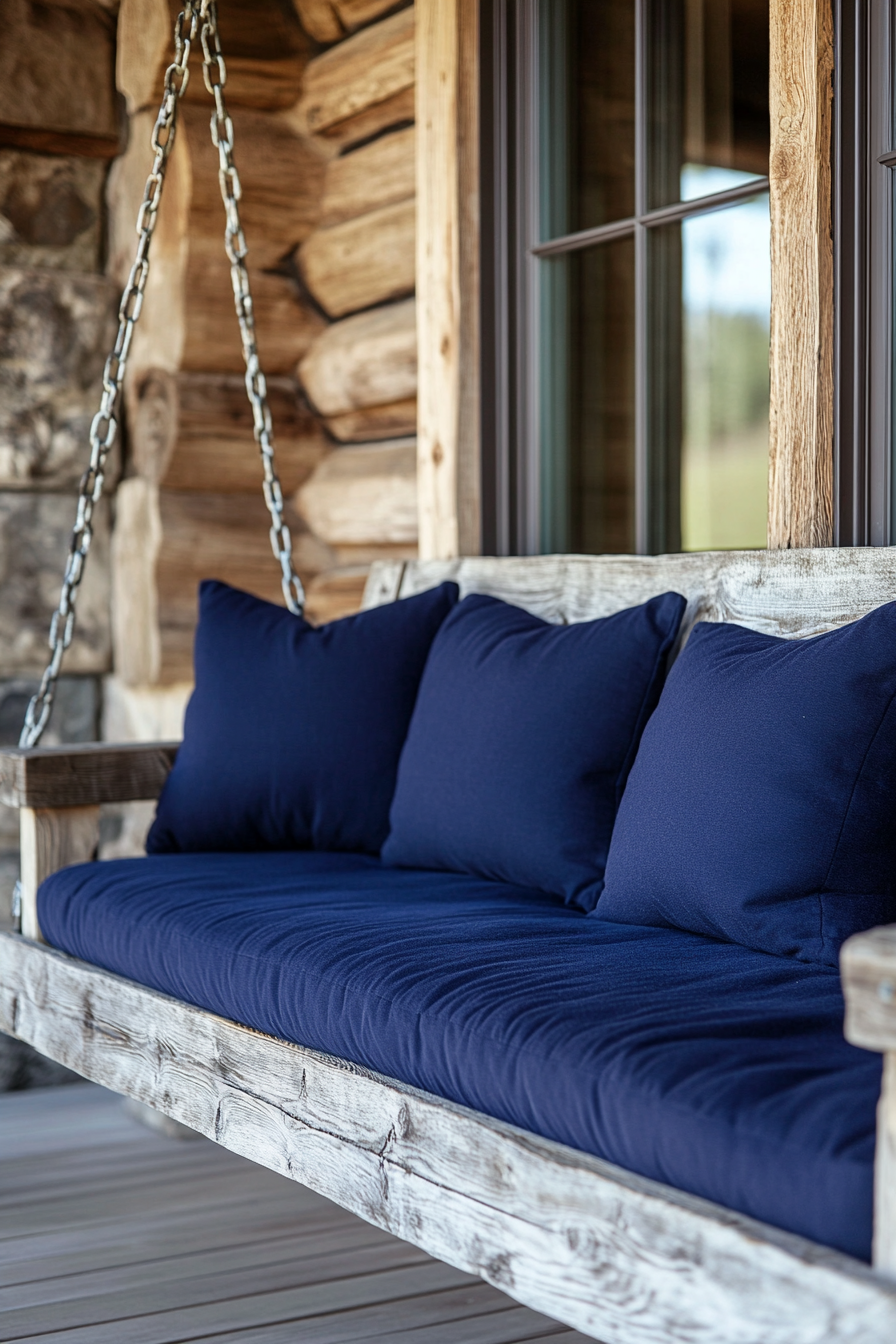 Front porch design. Weathered swing bench with navy blue cushions.