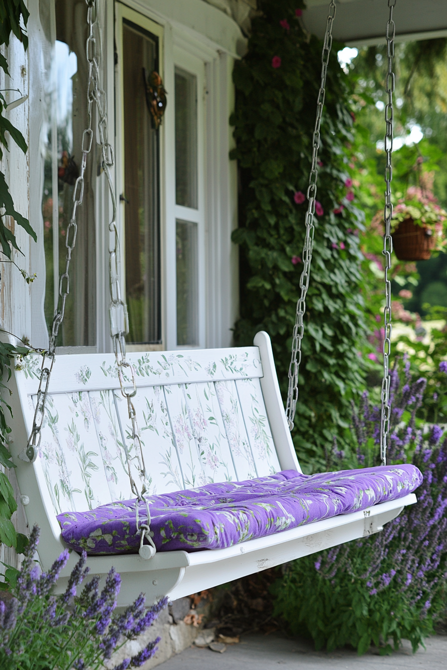 Front porch design. White wood swing with lavender cushion.